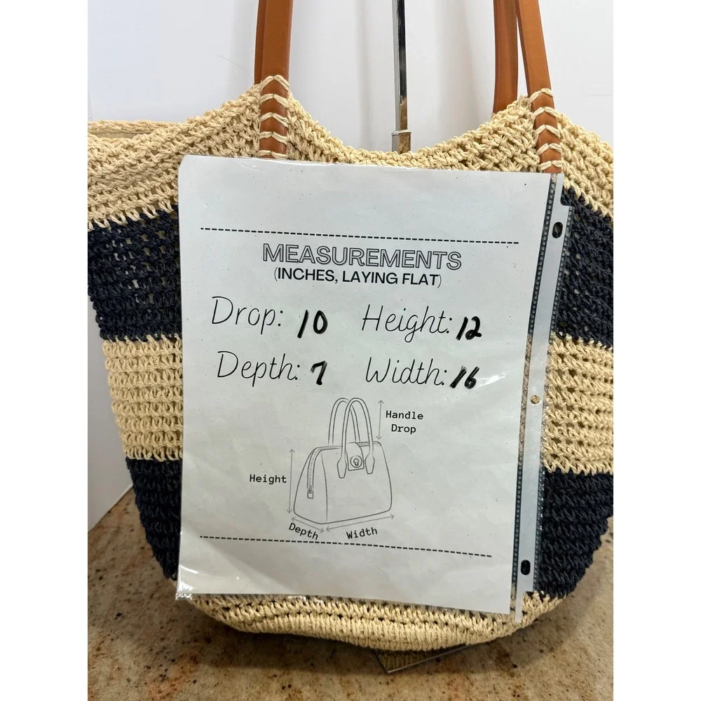 Forever 21 Straw Tote Bag Womens Navy Cream Striped‎ Woven Beach Summer Coastal